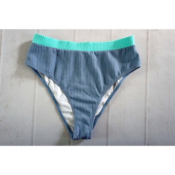 Turquoise & Muted Slate Blue Textured High Rise Bikini Bottoms - Size L, NWOT - Picture 1 of 3